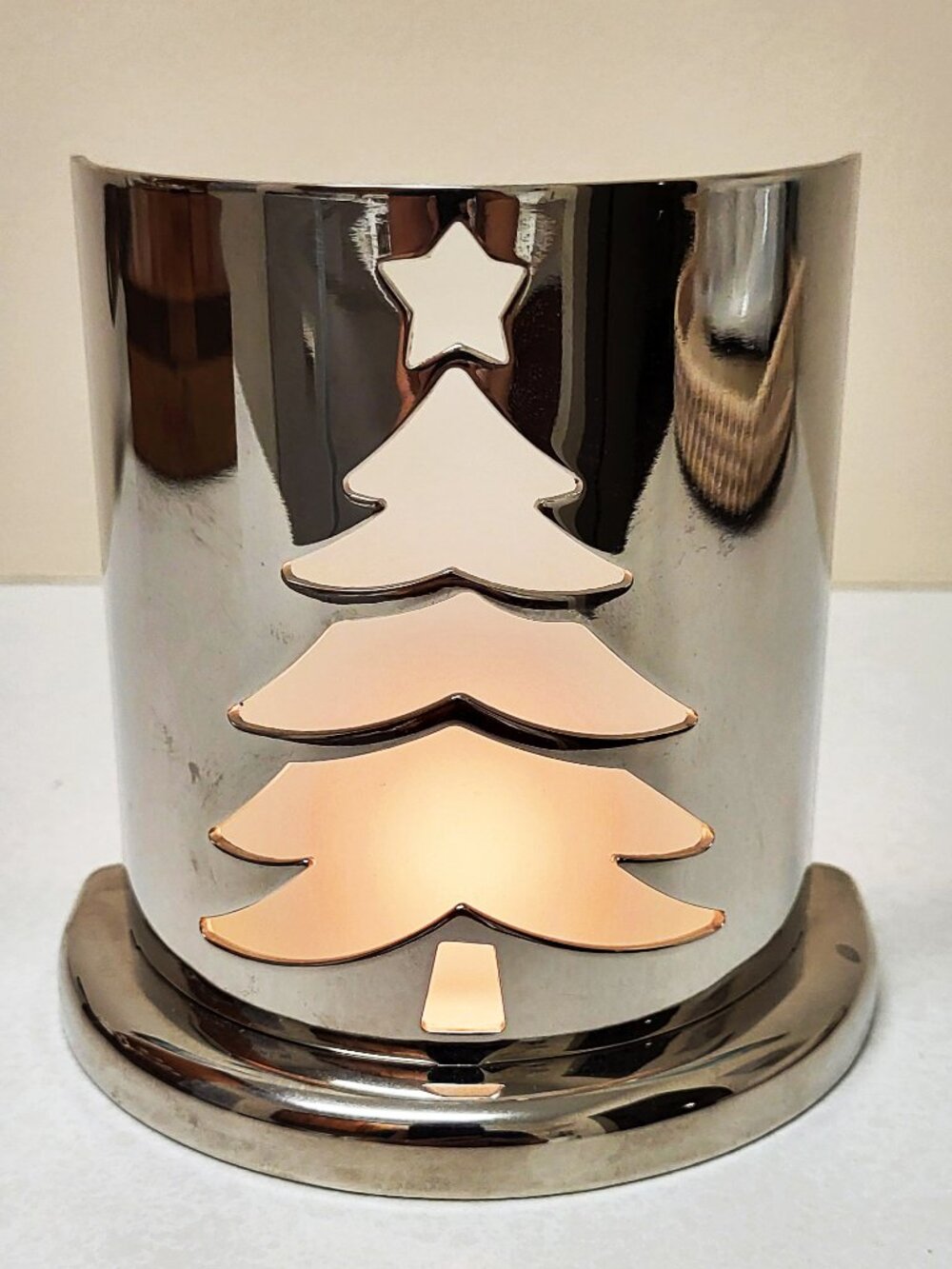 Vtg Candle Holder Votive Light Polished Silver Metal Decor Unique Holiday Tree